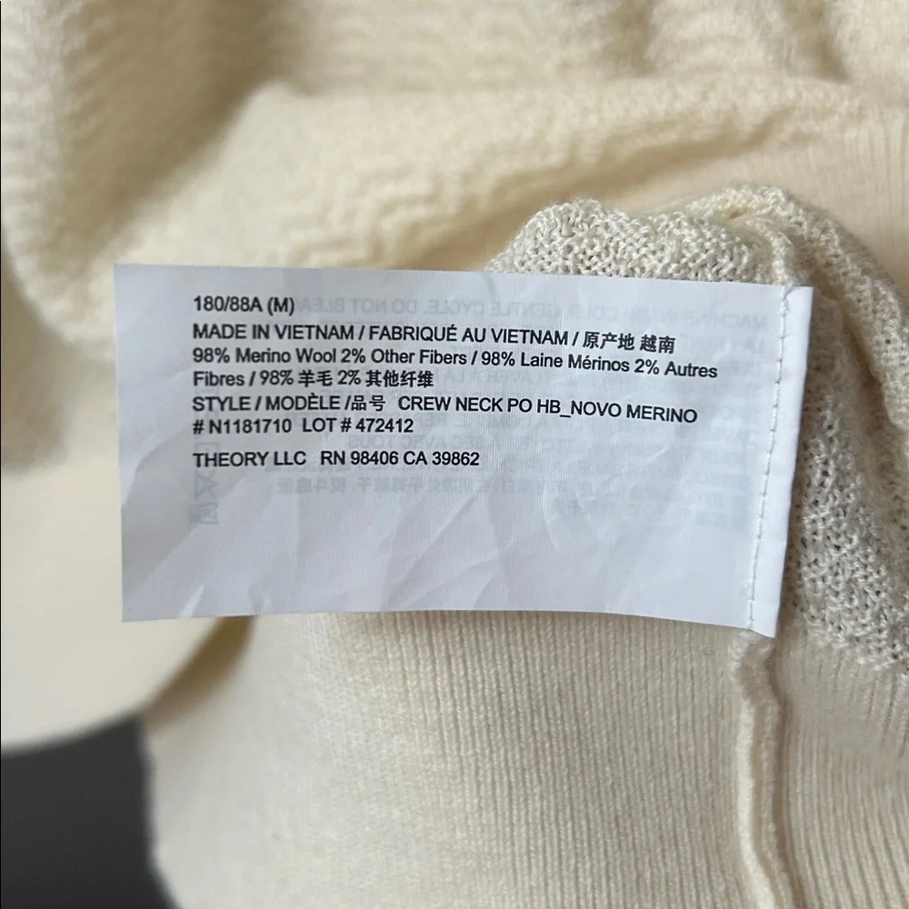 Theory Men’s Merino Wool Crewneck Pullover Herringbone Knit Sweater Medium Ivory